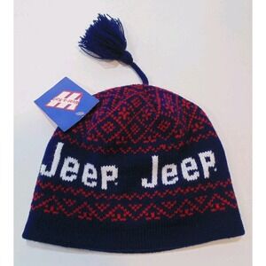 Vintage Wear-A-Knit JEEP Acrylic Beanie Winter Hat Made In USA Blue Red